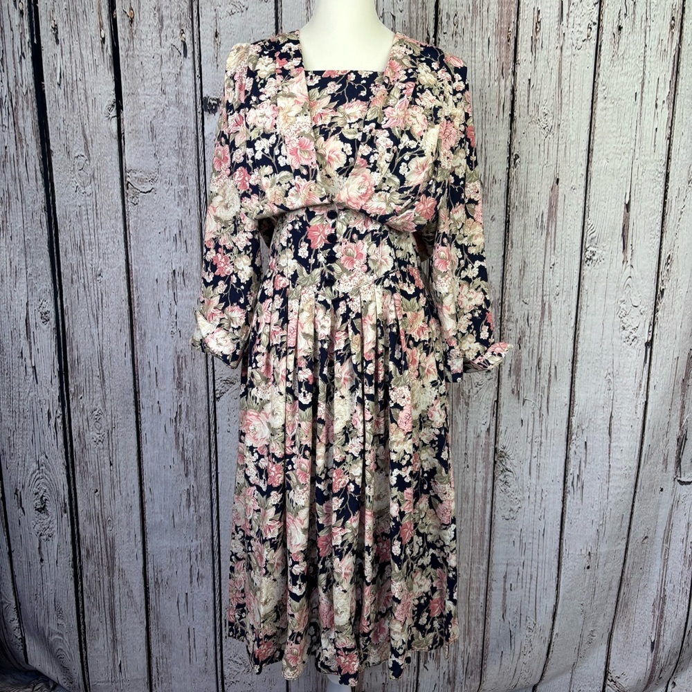 VINTAGE S.L. Petites Floral Midi Length Dress 14P (Fit 10P) Cottagecore Romantic